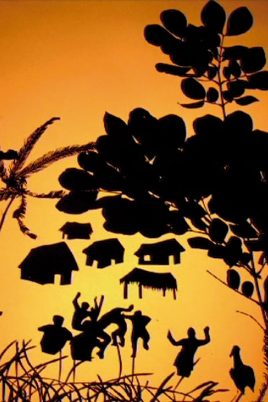 Silhouettes of people and animals against a sunset sky with plants.